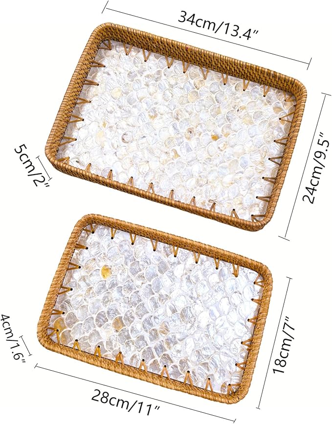 i-lan 2-Piece Rectangular Rattan Serving Trays with Mother of Pearl Inlay, 13" & 11.5" Decorative Storage Trays for Home Organization, Entertaining, and Tabletop Display