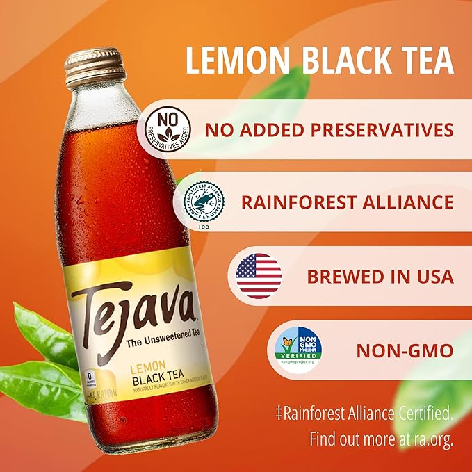 Tejava Lemon Black Iced Tea, 4 Pack, 12oz Glass Bottles, Unsweetened, Non-GMO, Kosher, No Sugar or Sweeteners, No calories, No Preservatives, Brewed in Small Batches