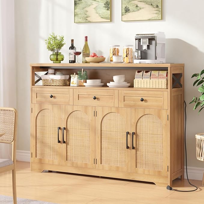 Vabches 47''W Rattan Buffet Sideboard, Boho Storage Cabinet with 3 Drawers and Adjustable Shelves, Farmhouse Coffee Bar Station Microwave Stand with Storage for Kitchen, Dining/Living Room, Natural