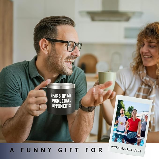 Pickleball Gifts for Women - Gifts for Pickleball Lovers, Women, Mom, Grandma, Girlfriend, Wife, Her - Tears of My Opponents Gift - 14 Oz Black Stainless Steel Coffee Mug with Lid