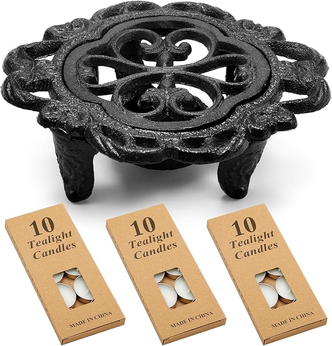 Menkxi Cast Iron Teapot Warmer Dish Cups Heater Pot Trivet with 30 Pieces Candles Heavy Duty Decorative Candle Holder Stands for Teapot Heat Food Coffee or Tea