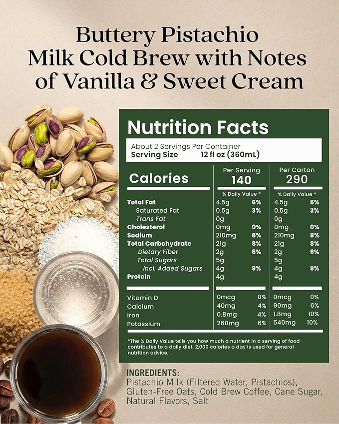 Elmhurst 1925 Pistachio Crème Latte – Plant-Based, Vegan, Dairy-Free Plant Milk Latte Made of Pistachio Milk, Cold Brew Premium Arabica with 95mg Caffeine & Sweet Cream Notes – 25.4oz (Pack of 6)
