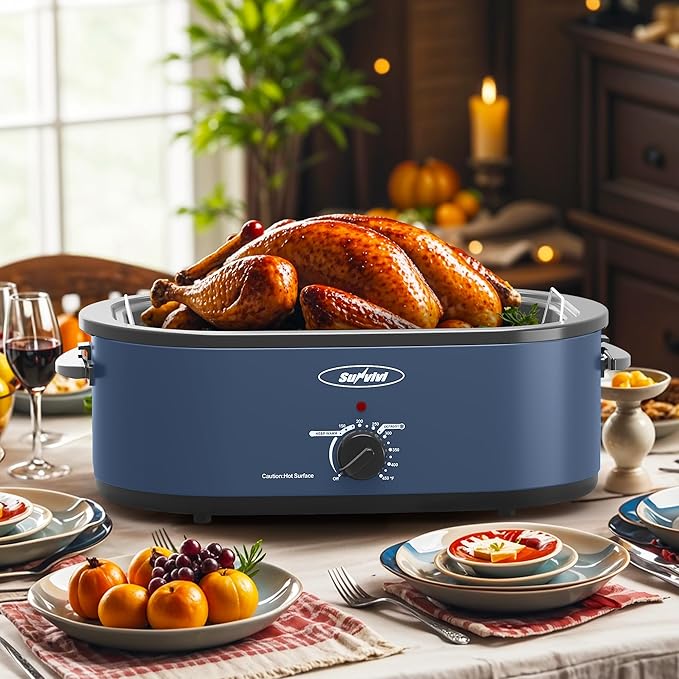 Sunvivi Electric Roaster, 18 Quart Roasting Oven with Self-Basting Lid Removable Pan, Turkey Roaster Oven with 150 to 450F Temperature Control Cool-Touch Handles, Blue