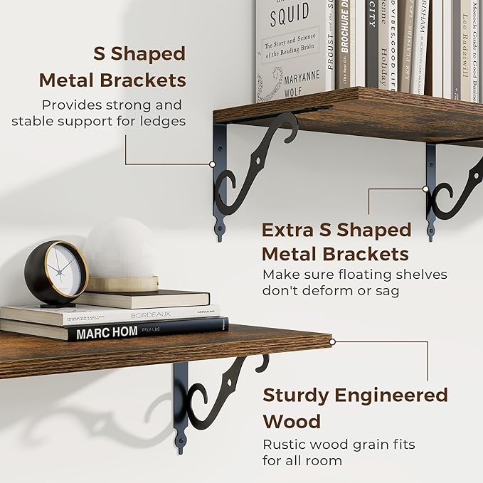 RICHFOCUS 12 Inch Deep Floating Shelves for Wall, 55" W x 12" D Wood Wall Shelves Set of 2, Wide Floating Shelves for Living Room, Bedroom, Kitchen, Bathroom and Decor Storage, Rustic Brown