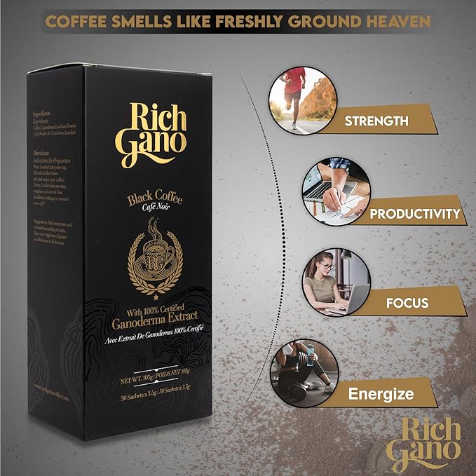 Rich Gano Reishi Mushroom Coffee – (1 Box of 30 Sachets) Black Coffee with Ganoderma Extract – All Natural Vegan Friendly Instant Coffee Packets – Zero Jitters Energize Ganoderma