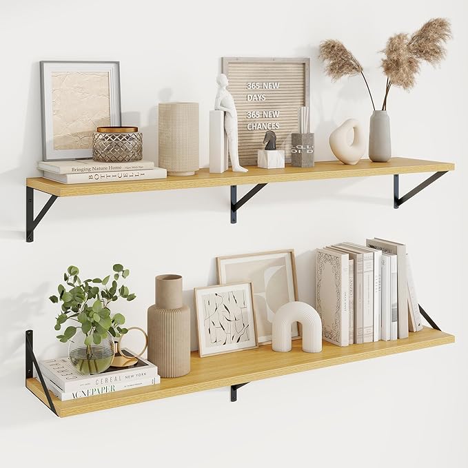 Axeman Deep Floating Shelves for Wall - 48 Inch Wide x 10 Inch Deep Floating Shelves Set of 2 -Oak Wide Wall Shelves for Living Room Bathroom Bedroom