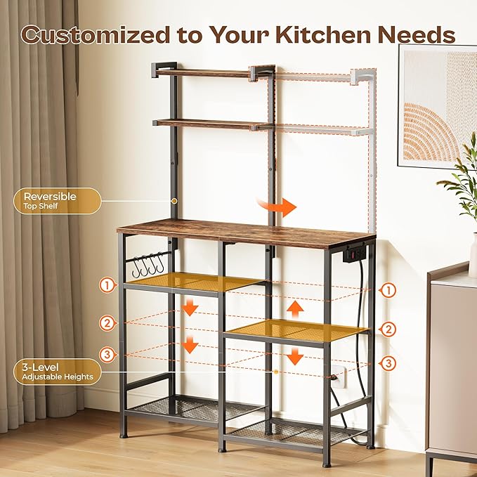 Huuger 31.5 Inch Bakers Rack with Power Outlets, Kitchen Microwave Stand with Storage, Coffee Bar with 4 Hooks, 3-Level Height Open Shelves, Rustic Brown