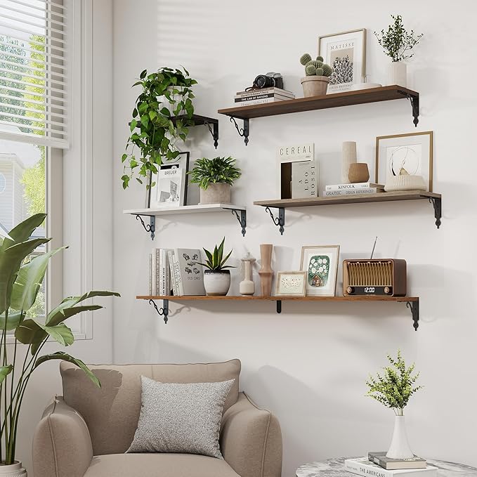 RICHFOCUS Floating Shelves for Wall Decor, 35.4W x 8D Shelves Set of 2, 8 Inch Deep Rustic Wood Shelves Wall Mounted with Brackets, Long Floating Shelves for Living Room Bedroom Kitchen, Walnut