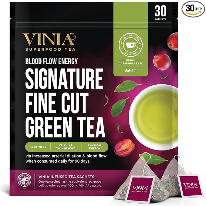 VINIA Signature Green Tea Bags, Made with Organic Green Tea, Infused with Piceid Resveratrol for Heart Health, Nitric Oxide, Physical Energy, Alertness, Blood Flow, Keto, Kosher, NON-GMO. 30 Ct