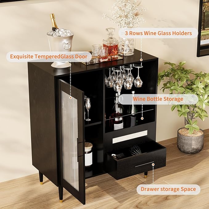 Garvee Wine Bar Cabinet with Tempered Glass Door & Rack, 30.7" Freestanding Modern Buffet Sideboard for Dining Room, Kitchen Coffee Bar & Liquor Storage Cabinet with Drawers and Glass Holder