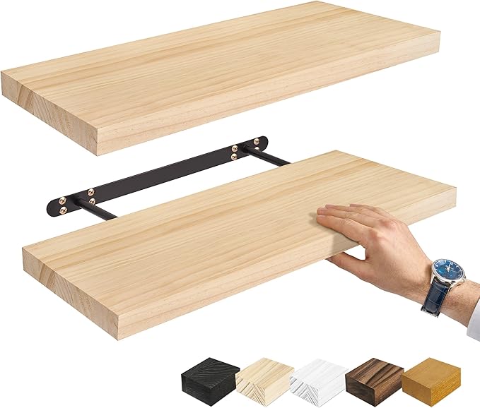Sorbus Wood Floating Shelves for Wall - 24” Solid Wood Shelves for Bathroom Decor, Books, Bedroom & Living Room - Set of 2 Natural Wall Mounted Kitchen Shelves - Durable Solid Pine