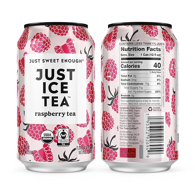 Just Ice Tea, Raspberry Flavored Black Iced Tea, 24-Pack (12oz Cans), USDA Certified Organic, Low Calorie, No Artificial Sweeteners, Fair Trade, Made in USA.