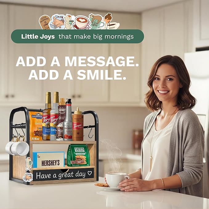Coffee Bar Organizer for Countertop – 3-Tier Wood & Metal Shelf with Chalkboard Drawer, 6 Removable Mug Hooks, Side Caddy, Magnetic Stickers, Handle, Non-Slip Feet – Coffee & Tea Station
