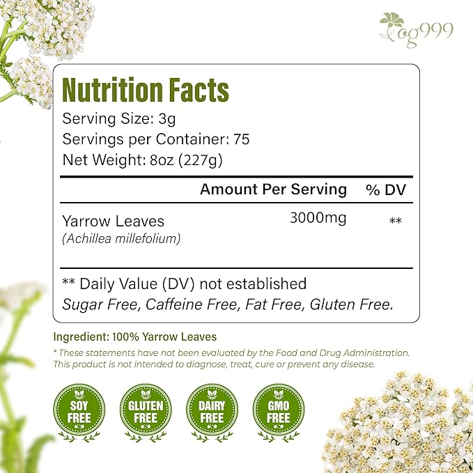 TOG999, Yarrow Tea Leaves 8oz | Premium Herbal Tea | Naturally Aromatic, Freshly Packed Loose Leaf Yarrow | Sustainably Sourced, Non-GMO, No Additives – Ideal for Daily Herbal Brewing