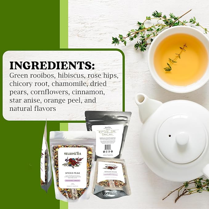 Nelson's Tea - Caffeine Free Spiced Pear Loose Leaf Tea-Blend of Green Rooibos, Hibiscus, Rose Hips, Chicory Root, Chamomile, Dried Pears, Cornflowers, Cinnamon, Star Anise, Orange Peel, and Natural Flavors (Sample 0.4 Oz)