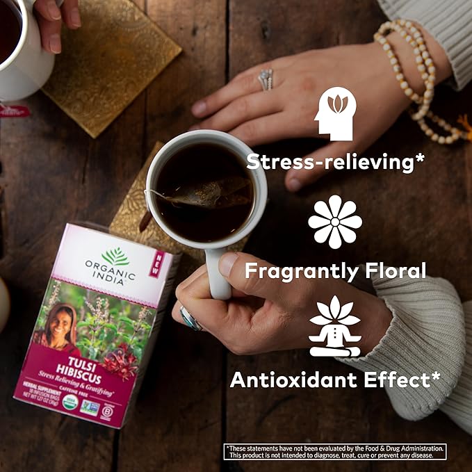 Organic India Tulsi Hibiscus Tea Bags - Holy Basil Herbal Tea, Stress Relieving, Immune Support, USDA Organic, Calming, Caffeine Free- 18 Bags, 6 Pack