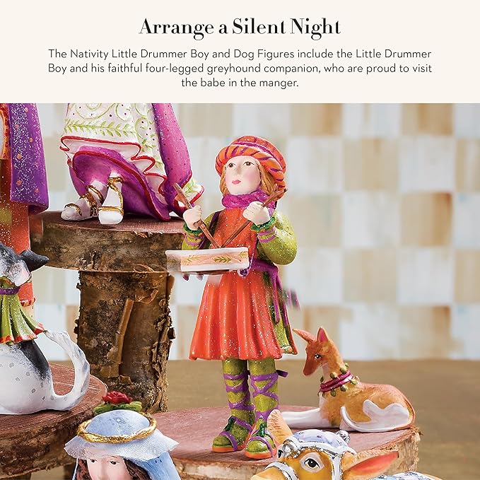 MACKENZIE-CHILDS Patience Brewster Nativity Figurine, Christmas Nativity Home Decor, Little Drummer Boy and Dog