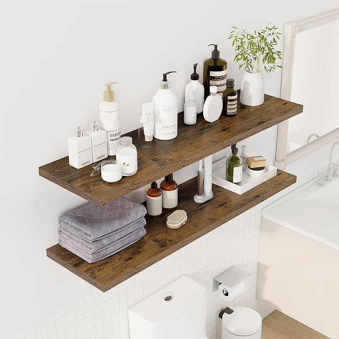 Dreamland 48" Floating Shelves for Wall, 12" Deep Slim Rustic Brown Floating Shelves, Wall-Mounted Shelves for Bedroom, Living Room, Kitchen, Bathroom - Set of 2