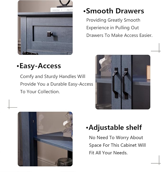 Modern 31.5'' Small Sideboard Buffet Cabinet with Storage,Small Coffee bar Cabinet with a Drawer and Adjustable Shelf,Glass Doors Sideboard Buffet with LED for Kitchen,Blue