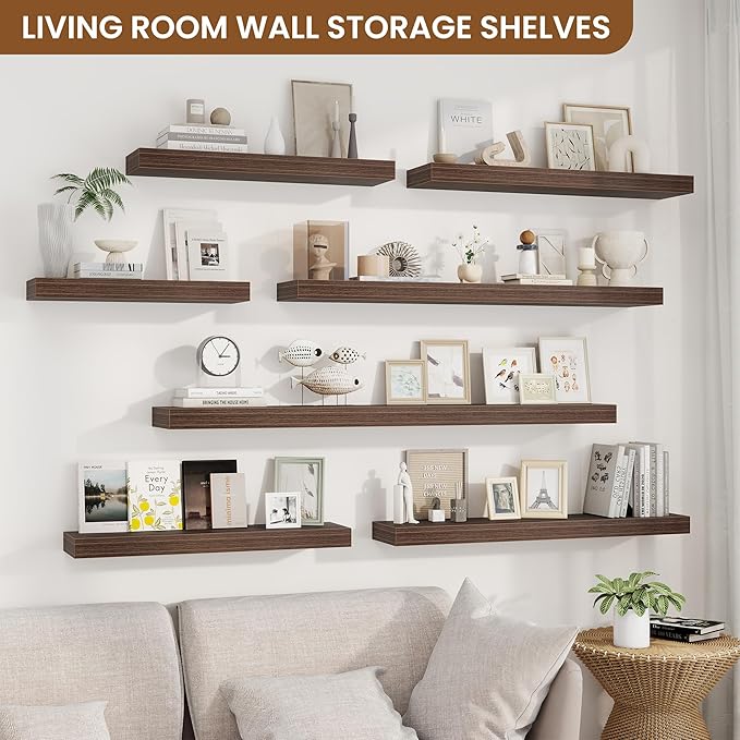 fuqing Floating Shelves for Wall, Wall Mounted Wood Floating Shelf with Invisible Brackets for Living Room, Bathroom, Bedroom, Kitchen Storage and Decor, 30 Inch Set of 2, Walnut