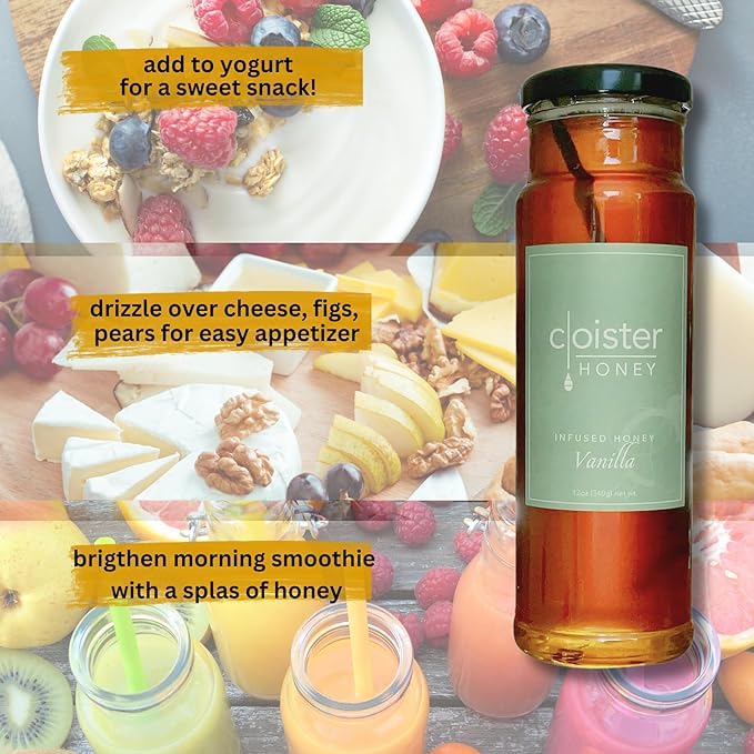 Cloister Honey Infused Honey - Vanilla (12 oz) | Hand Crafted | Raw Artisan Honey | 100% Pure, Raw & Unfiltered | All Natural | Made in USA |