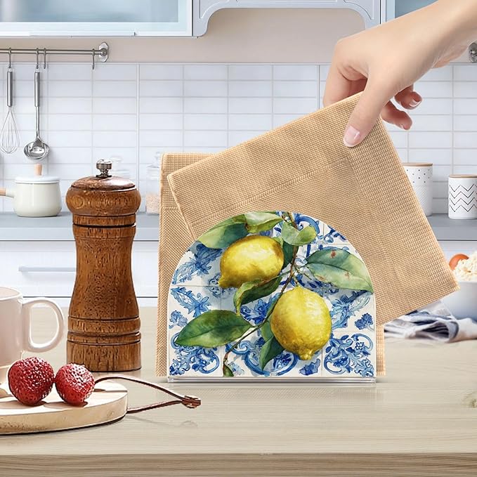 Lemon Blue Tiles Napkin Holder for Table Paper Cocktail Napkin Holders for Kitchen Dinning Acrylic Dinner Napkin Dispenser for Dinner Home Decor Bar 2 Pack