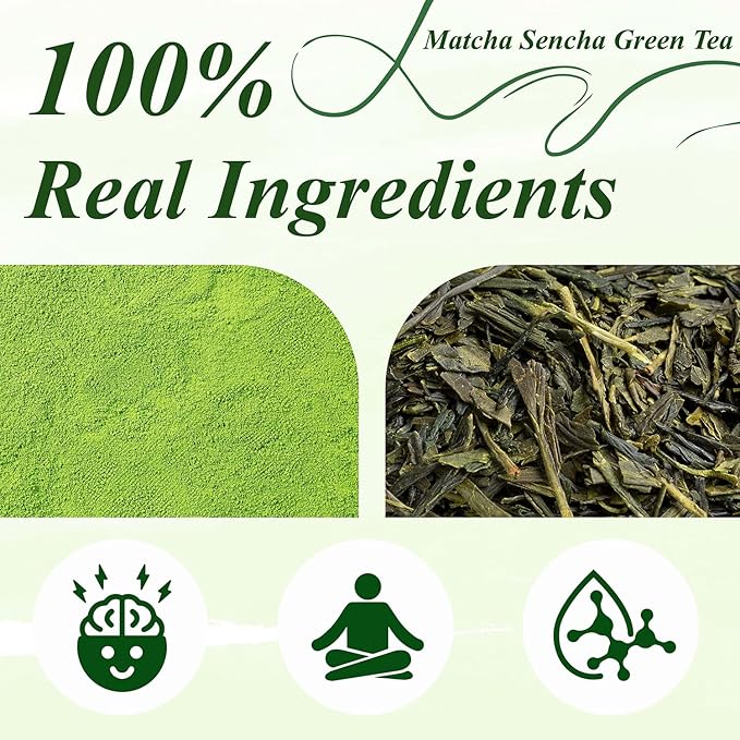 WT WEETEE Matcha Green Tea Bags, 100 Count Corn-fiber Pyramid, Antioxidant-Rich | Natural Energy, Easy & Quick to Brew for Cold or Hot, Matcha + Sencha Green Tea
