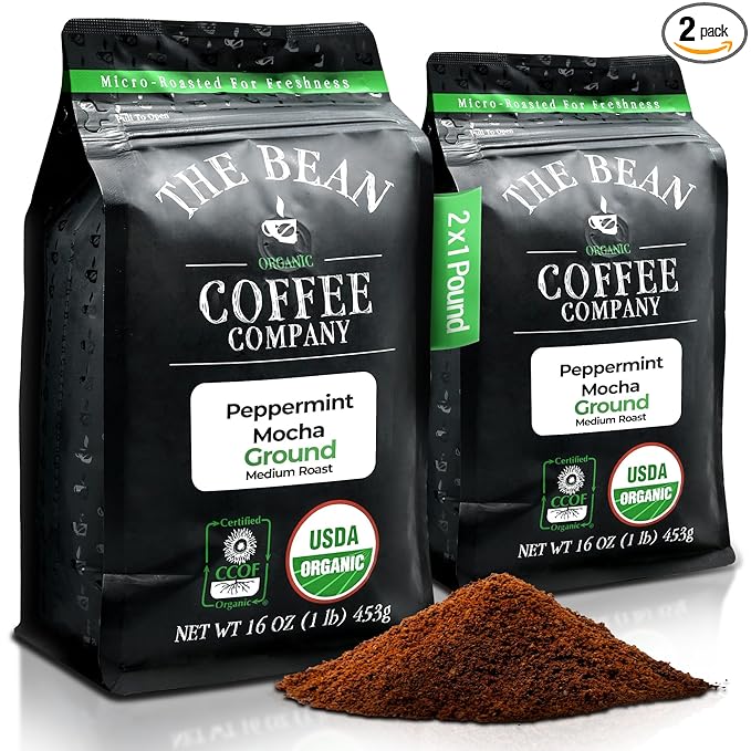 The Bean Organic Coffee Company Peppermint Mocha, Medium Roast, Ground Coffee, 16-Ounce Bags (Pack of 2), Café molido tostado orgánico