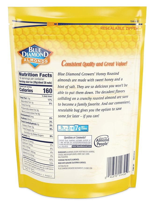 Blue Diamond Almonds Honey Roasted Snack Almonds, Honey Roasted, 1 Pound (Pack of 2)