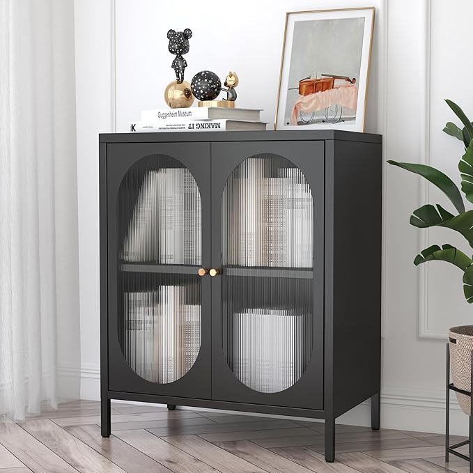 Small 2 Transparent Door Metal Storage Side Buffet Cabinet for Bed Room,Living Room,Entryway,Hallway,Home,Hotel,Office,Garage,Kitchen,1 Removable Shelf. (Transparent Door, Black)