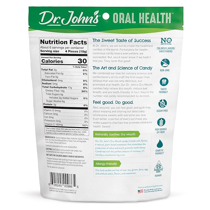 Dr. John's Healthy Sweets Tart Cherry Dry Mouth Drops with Zero Sugar, Dye Free, Plant Based, Keto Friendly, 24 Count, 3.85oz Bag
