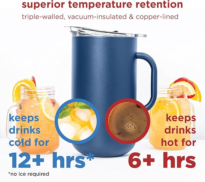 Served Premium Insulated Pitcher (2L/66oz) - Double Walled, Copper Lined Stainless Steel Pitcher with Lid - Vacuum Insulated Carafe for Hot Coffee, Tea, Iced Drinks, Water, Cocktails, and More