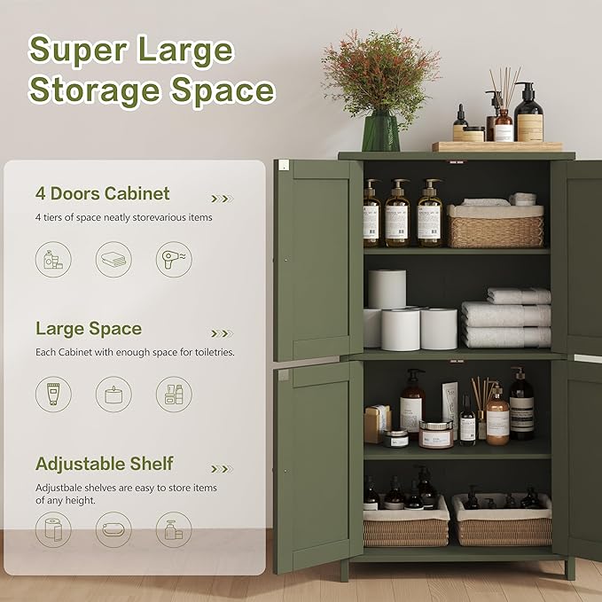 Nuturelly Bathroom Floor Storage Cabinet, Freestanding Pantry Cabinets with 4 Doors & 3 Adjustable Heights, Bathroom Organizers and Storage with Top Board & Metal Handles for Kitchen, Pale Green