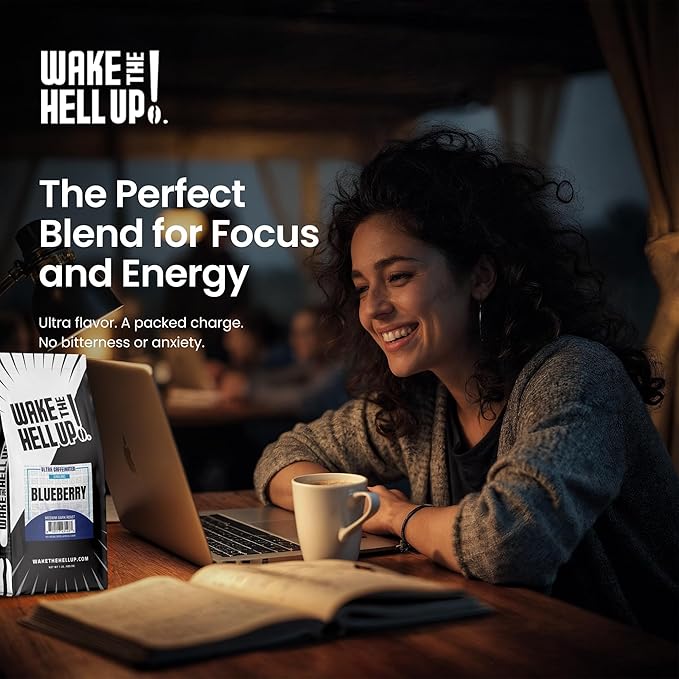 Wake The Hell Up! 1lb Ultra-Caffeinated Blueberry Ground Coffee, Low Acid, Medium-Dark Roast