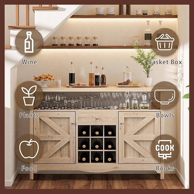 45.7” Wine Cabinet，Farmhouse Home Coffee Bar Sideboard Buffet Cabinet Liquor Storage with 9 Wine Racks & 2 Doors for Kitchen, Living and Dining Room (1, White Oak)