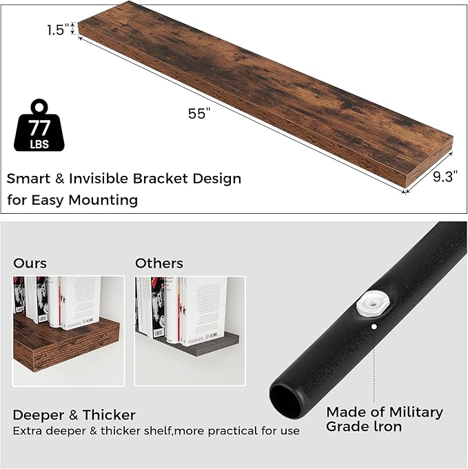 Floating Shelves for Wall, Engineered Wood Wall Shelves with Invisible Brackets for Living Room Bedroom Bathroom Office Kitchen Decor and Storage (Brown, 55" W x 9" D x 1.5" H) Set of 1