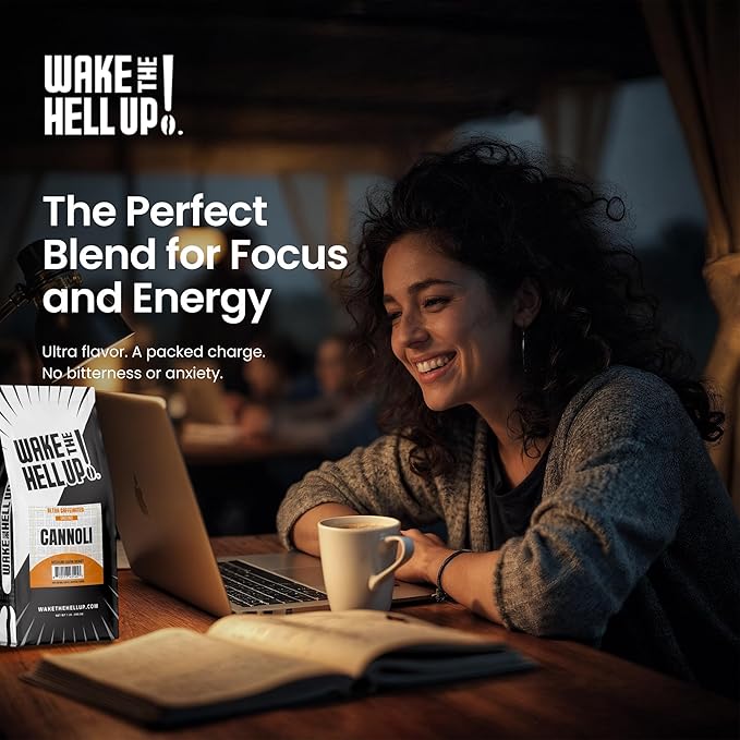 Wake The Hell Up! 1lb Ultra-Caffeinated Cannoli Ground Coffee, Low Acid, Medium-Dark Roast