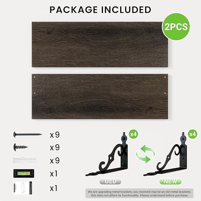 RICHFOCUS Floating Shelves for Wall Decor, 24Inch Shelves Set of 2, 24W x 8D Black Floating Shelves Wall Mounted with Metal Brackets, Rustic Wood Shelves for Living Room Bedroom Kitchen
