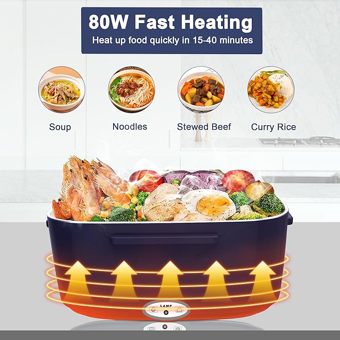 Electric Heated Lunch Boxes Adults: 80W Electric Lunch Box Food Heated 12/24/110V 1.5L Heatable Lunch Box for Car/Truck/Office Leak-Proof Stainless Steel Container, Fork & Spoon, Bag (Blue+White)