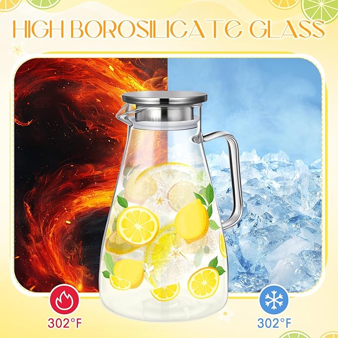 Domensi 74 oz / 2200 ml Glass Pitcher with Lid Water Pitcher with Handles Beverage Water Jar Glass Jug Hot and Cold Resistant Carafe for Tea Juice Milk Coffee Iced Beverage(Lemon)