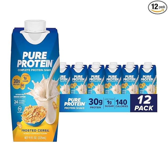 Pure Protein Complete Protein Shake, Frosted Cereal, 30g High Protein Drink, Less than 1g Sugar, 4g Fiber, Ready to Drink, Non GMO, On-the-Go Shakes, 11oz Bottles, 12 Pack