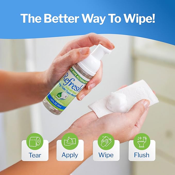 Refresh Liquid Wipe: Toilet Paper Foam | Eco-Friendly Wet Wipe Alternative with Witch Hazel and Aloe | Plumbing and Septic Safe | 250ml/50ml | 10.14 oz Total | Combo Pack