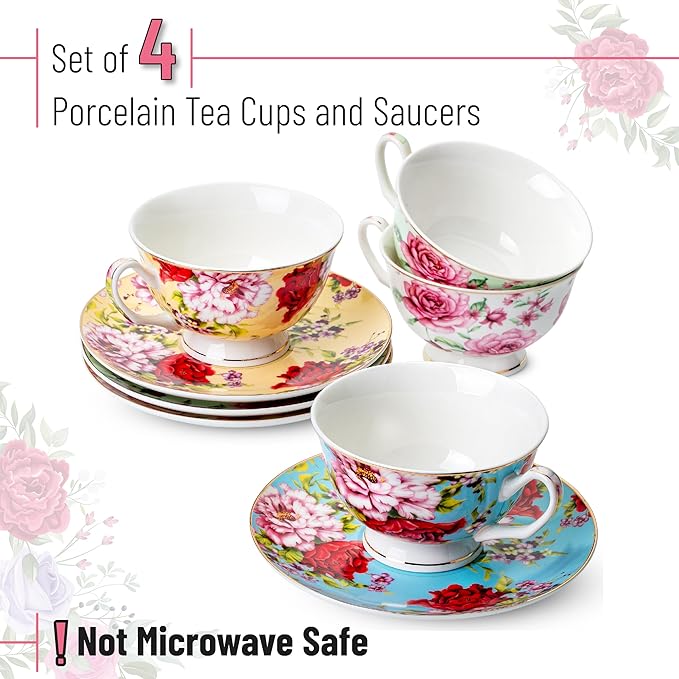 BTaT- Floral Tea Cups and Saucers with Gift Box, 8 oz, Tea Cups Set of 4, Christmas Gifts