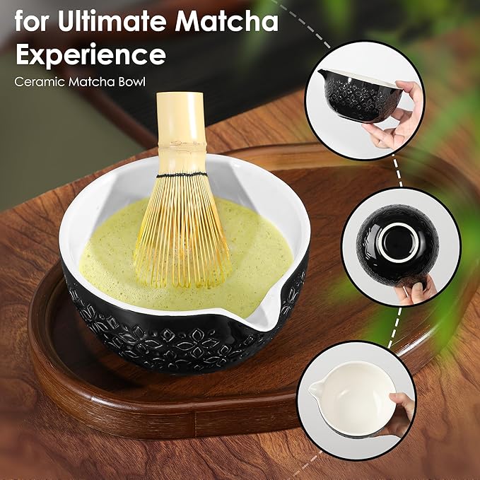 Matcha Whisk Set Matcha Kit - 7 Pcs Japanese Tea Set Includes Matcha Bowl with Spout,Bamboo Whisk with Ceramic Holder,Bamboo Scoop and Rest,Sifter,Tea Towel, for Ceremony Matcha Lovers Gift,Black