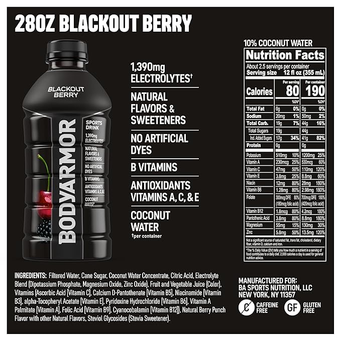 BODYARMOR Sports Drink, Blackout Berry, Electrolyte Drink Hydration, 28 Fl Oz Bottles (15 Pack), Flavored Coconut Water with B Vitamins & Antioxidants