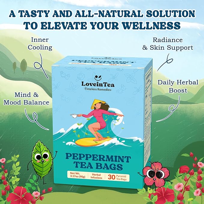 LoveinTea Peppermint Herbal Tea Bags, Caffeine-Free, 100% Natural Vietnamese Peppermint Blend, Plant-Based Pyramid Bags, 30 Count
