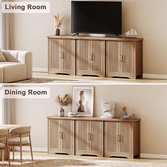 Fluted Buffet Cabinet with Storage Accent Sideboard,Modern Credenza with 2 Doors & Adjustable Shelves,Wood Coffee Bar Table Console for Dining Room Kitchen Living Room Entryway,Natural Oak