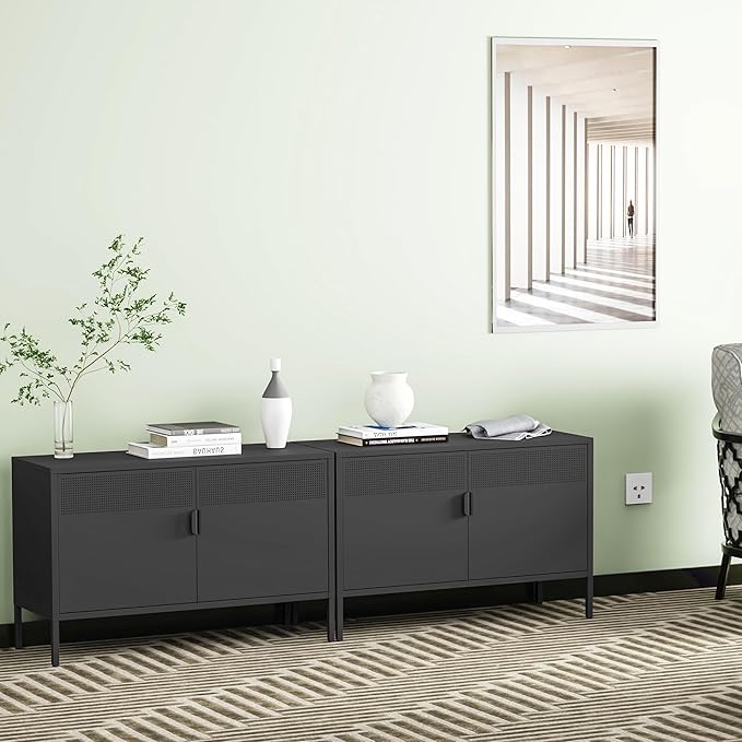 Metal Storage Cabinet with Doors,Black Accent Cabinet,Metal Locker Storage Cabinets,2 Door TV Media Stand with Removable Shelves for,Home,Office,Entryway,Living Room