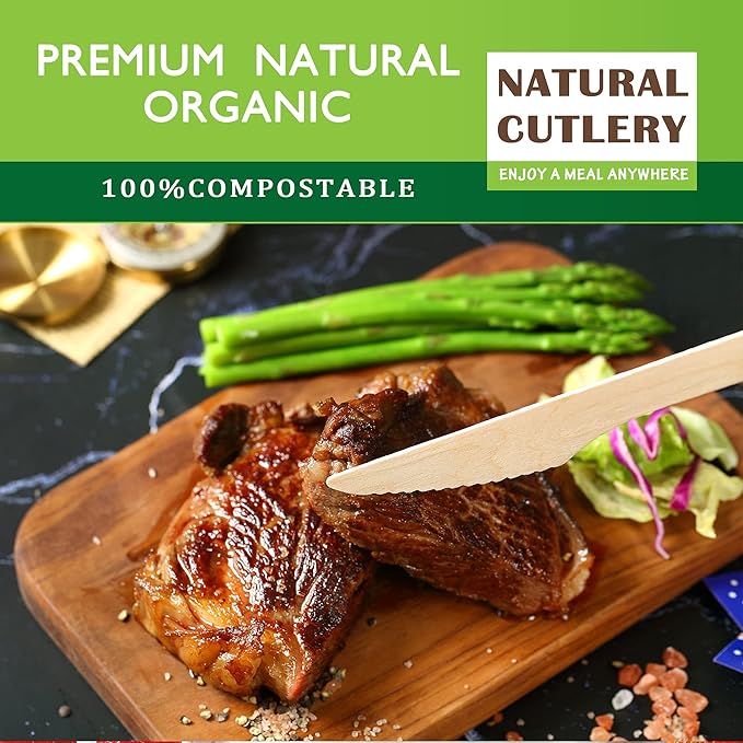 Disposable Wooden Forks -Pack of 100, 6.5" Length-Biodegradable, Natural Wooden Utensils, Great for Parties,Camping,Weddings&Dinner Events (Knives)