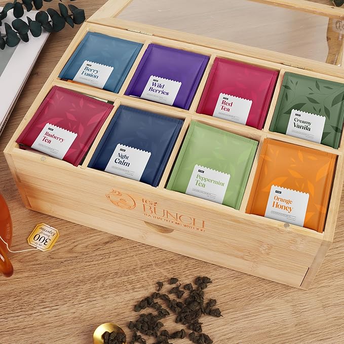 Bamboo Tea Bag Organizer – 8 Compartments, Drawer, Magnetic Lid, Premium Gift for Tea Lovers, Eco Kitchen Storage Box, Clear Window, Pantry Organizers And Storage (Organizer Only)